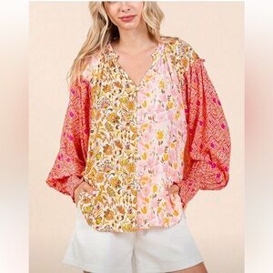 Mittoshop S Floral Patchwork Blouse - Pink and Orange